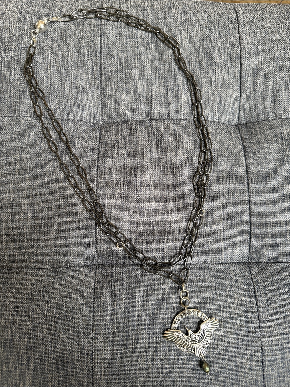 Black Chain Necklace with Silver-Tone Phoenix Pendant - Women's Jewelry
